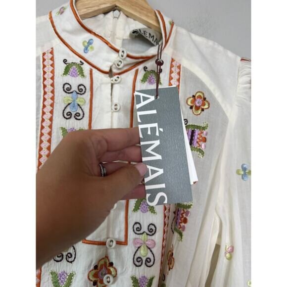 NWT Alemais Lovella Embroidered Cotton Blouson Sleeves White Tie Mini Dress - Picture 6 of 9